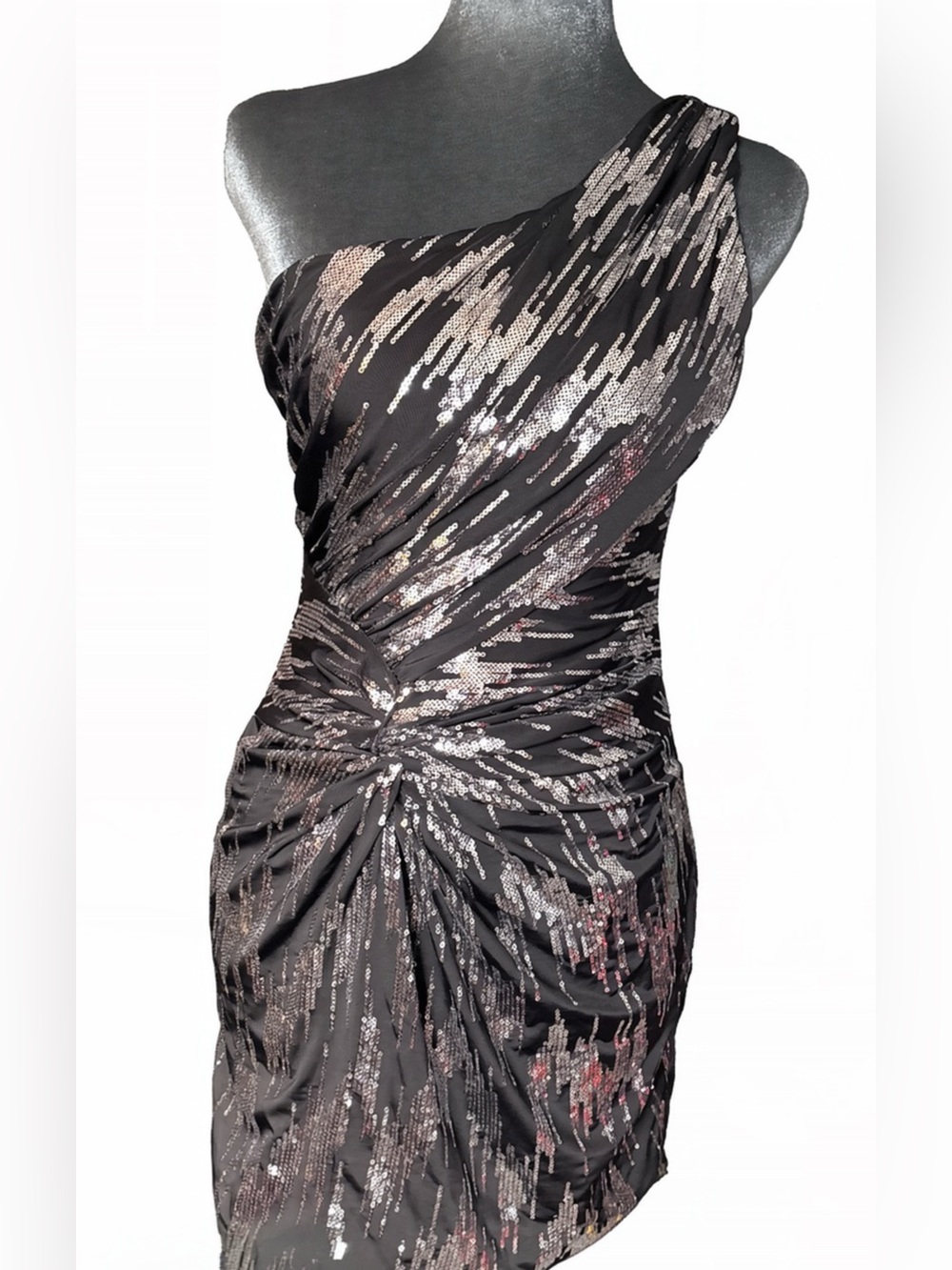 As U Wish Black Silver One Shoulder Sequin Ruched Party Mini Dress Small NWOT